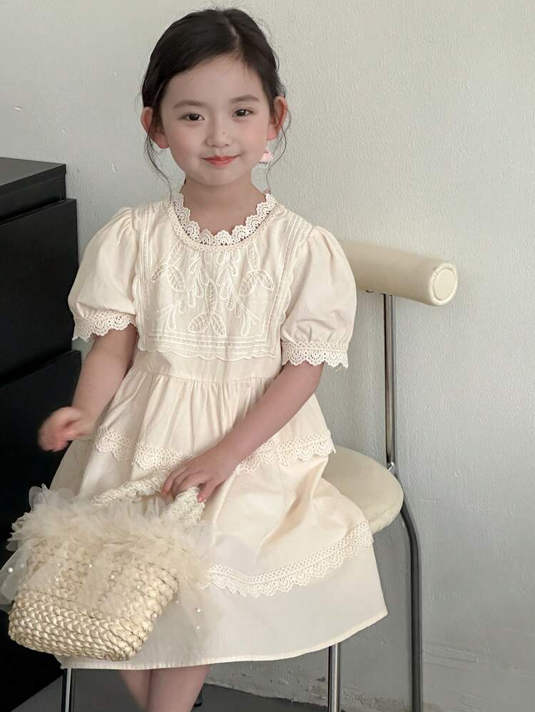 Young Girl Summer Ladies Floral Embroidered Puff Sleeve Dress