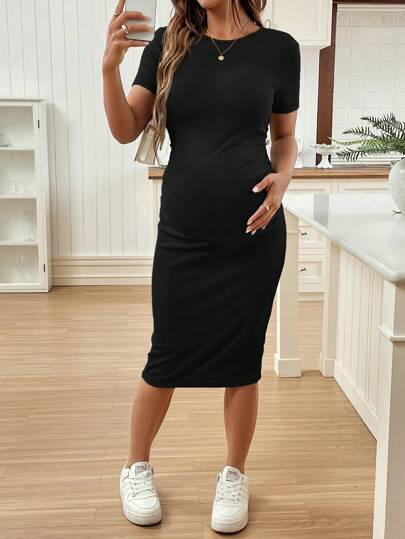 SHEIN Short Sleeve Crew Neck Solid Color Fitted Maternity Dress World Cup