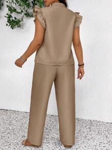 SHEIN Frenchy 2pcs Women Plus Size Solid Color Cap Sleeve Blouse And Pants Set - Brown - View 6
