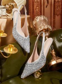 CUCCOO TILAWA Silver Toe Open Pointed-Toe Rhinestone Satin Wedding Heels For Women For Christmas - Silver - View 1