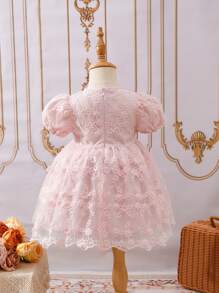 SHEIN Glamorique Kids Baby Girl Spring/Summer Light Pink Puff Sleeve Floral Lace Ruffle Princess Dress - Pink - View 3