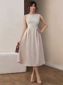 CLARA VERO Urban Chic Boat Neck Pleated Wide Circle Hem Timeless Midi Dress - Champagne - View 4