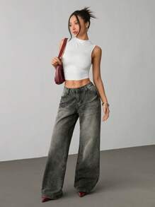 SHEIN PETITE Women's Solid Color Stand Collar Crop Fit Casual Top White - White - View 4