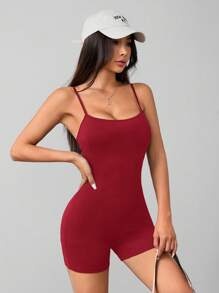 SHEIN PETITE Casual Simple Solid Color Suspender Jumpsuit Suitable For Summer Tight Women's Bodysuit - Burgundy - View 3