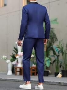 Manfinity Mode Men's Shawl Collar Long Sleeve Jacket And Pants Suit Set - Navy Blue - View 2