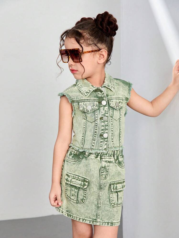 Conjunto de dos piezas de DENIMLY con chaqueta de mezclilla verde menta lavada con piedra vintage estilo Y2K urbano bohemio y minifalda de mezclilla a juego con cintura elástica y múltiples bolsillos tipo cargo - verde menta - Añade 3