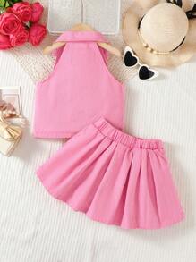 SHEIN 2 pièces Set Top Col mode + Jupe En Jean Plissée Pour Jeune Fille - Rose bonbon - Voir 2