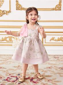SHEIN Vestido de fiesta elegante y lindo para niña bebé con bordado floral de satén y decoración de tul con lazo - Multicolor - Ver 1