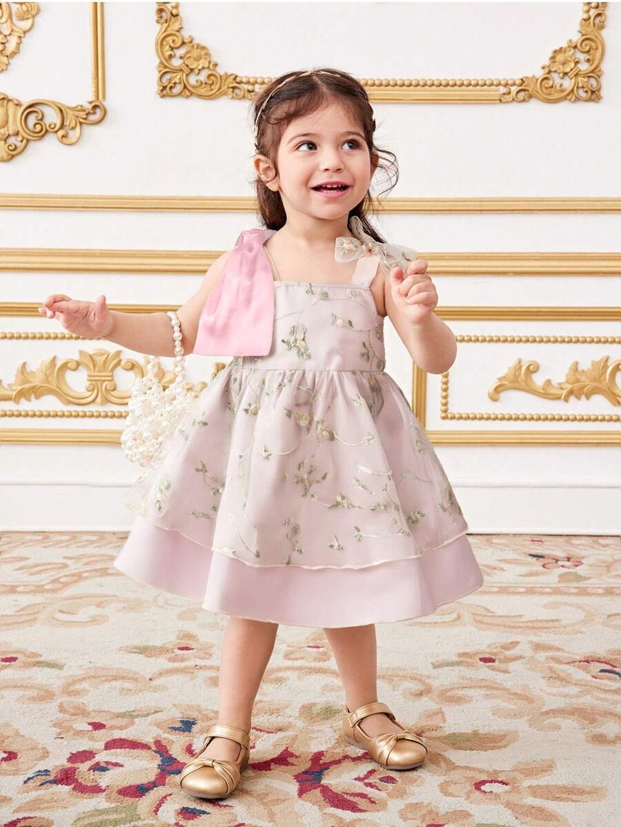 SHEIN Vestido de fiesta elegante y lindo para niña bebé con bordado floral de satén y decoración de tul con lazo - Multicolor - Ver 1