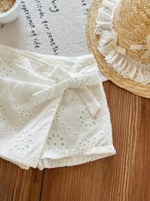 SHEIN LMoss Kids Babygirl 可爱花卉刺绣松紧腰休闲短裤，夏季百搭 - 白色 - 查看 5