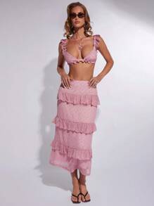 COSMINA Women's Deep V-Neck Ruffled Hem Cropped Fitted Camisole - Pink - View 6