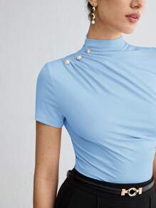 BizChic Áo thun nữ tay ngắn xếp ly màu trơn thanh lịch, hàng mới về, đa năng cho việc đi làm trong thành phố hiện đại, mặc hàng ngày, phong cách retro lãng mạn thập niên 90, phù hợp cho Giáng sinh, Năm mới, Ngày Valentine, tiệc tùng, đi biển, lễ tốt nghiệp, thời trang, lễ hội, kỳ nghỉ, khách dự đám cưới, bữa ăn trưa, sân bay, nhiều dịp khác nhau. - Màu xanh nhạt - Xem 7