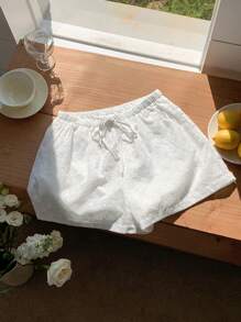 Comfortcana Pantalones cortos con cintura de cordón, bordados con un patrón quemado, tejidos en blanco para damas