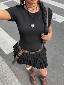 SHEIN EZwear Music Festival Women Outfits  Women's Black Crew Neck Short Sleeve Layered Ruffle Hem Fashionable Mini Dress - Black - View 6