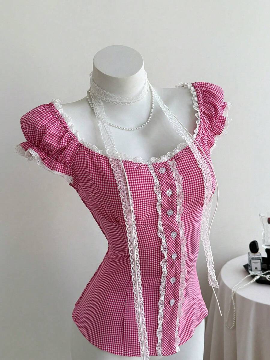 Elamini Áo sơ mi cổ vuông rút dây eo bằng vải chiffon tối giản giản dị dành cho nữ, phong cách kỳ nghỉ - Nhiều màu - Xem 1