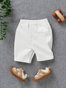 SHEIN Baby Jungen Unifarben Shorts mit elastischem Bund aus weißem Denim mit Taschen für den Sommer, Alltagsmode