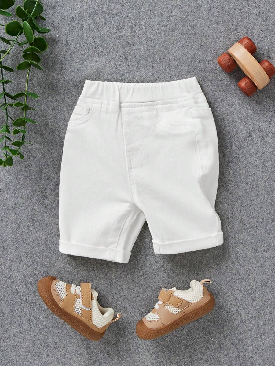 SHEIN Baby Jungen Unifarben Shorts mit elastischem Bund aus weißem Denim mit Taschen für den Sommer, Alltagsmode