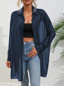 SHEIN LUNE Camisa casual de manga larga, transparente, con botones delanteros de unicolor