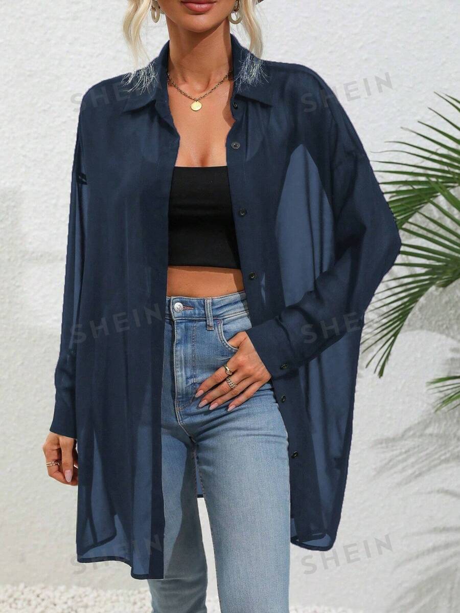 SHEIN LUNE Camisa casual de manga larga, transparente, con botones delanteros de unicolor