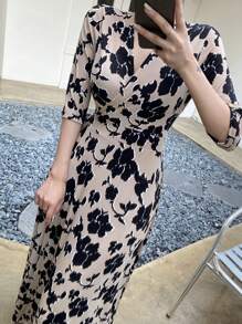 DAZY V领优雅碎花连衣裙，女士优雅吊带长裙 - 米色 - 查看 10