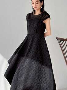 FRIFUL Vestido casual sólido de mujer con parches de malla, vestido de verano para uso diario - Negro - Ver 1