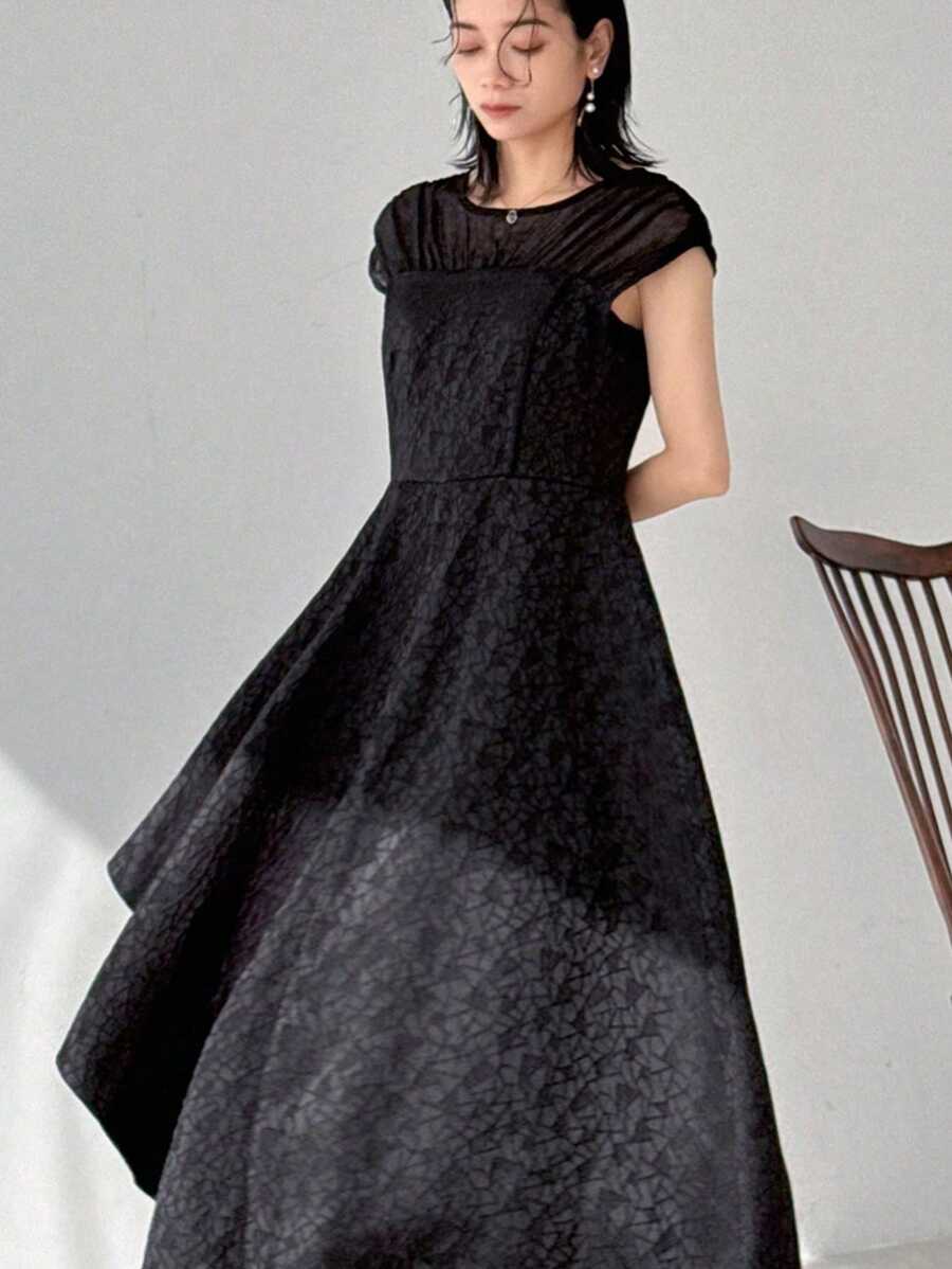 FRIFUL Vestido casual sólido de mujer con parches de malla, vestido de verano para uso diario - Negro - Ver 1