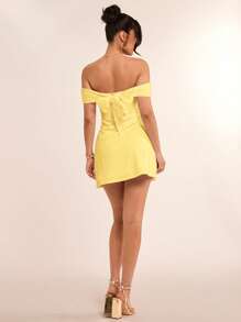 SHEIN BAE 夏季海滩度假纯白色露肩后蝴蝶结迷你连衣裙，适合日常约会、夜间外出、夜总会、派对、聚会、鸡尾酒会、泳池派对、返校季节服装、学校季节连衣裙、节日连衣裙女士连衣裙 - 黃色 - 查看 1