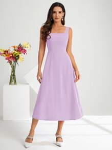 SHEIN Clasi 女士方领无袖优雅纯色连衣裙 - 淡紫色 - 查看 3