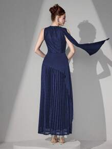 Poshira Vestido de noche elegante de mujer con contraste de tela y encaje en la cintura, vestido de fiesta para invitados de boda - Azul Marino - Ver 2