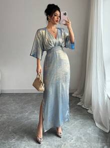 Elenzga 女士优雅休闲通勤派对情人节金属开衩长裙，春夏 - 藍色 - 查看 1