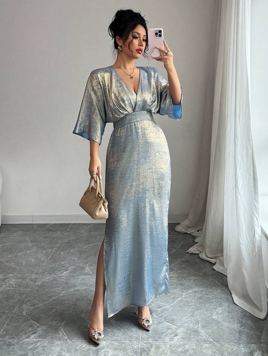 Elenzga 女士优雅休闲通勤派对情人节金属开衩长裙，春夏 - 藍色 - 查看 1