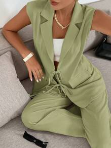 Siren Gaze 2pcs Women Suit Set: Textured Tie-Front Jacket And Pants, Casual In Fall/Winter Green - Green - View 3