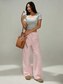 SHEIN PETITE Petite Ladies Pink And White Casual Home Striped Trousers Suitable For Spring And Summer Baggy - Pink - View 3