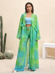 BY FELIZIA 蓝绿色渐变雪纺印花荷叶边垂坠袖和服连衣裙波西米亚风度假连衣裙女式夏季长裙 - 彩色 - 查看 7