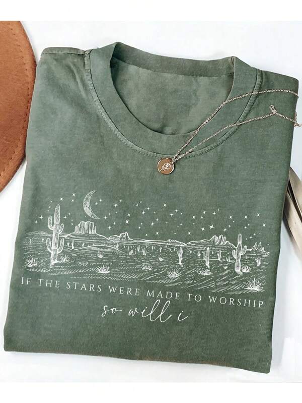 Women's Slogan Cactus Print Round Neck Short Sleeve Casual T-Shirt