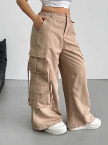 Flirla Plus Size Women's Khaki Multi-Pocket Casual Straight-Leg Cargo Pants Fall Cloth For Women - Khaki - View 4