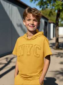 SHEIN Tween Boy Casual Comfortable Solid Color Embossed Knit T-Shirt - Yellow - View 5