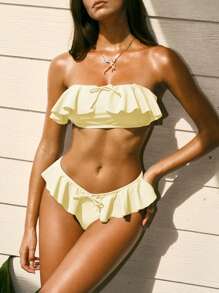 Swim Mod Women's Summer Beach Vacation Ruffled Bandeau Bikini Set - Yellow - View 4