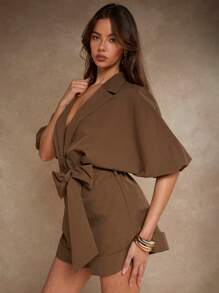 COSMINA 女士纯色蝙蝠袖衬衫和短裤套装 - 棕色 - 查看 3