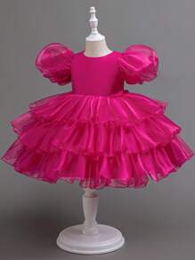 Glamorique Kids 年轻女孩组合网眼泡泡袖荷叶边下摆派对连衣裙