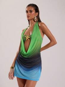 SHEIN BAE 女士性感度假沙滩装夏季装摇摆音乐节装领绿色渐变印花夏季西米裙 - 藍色 - 查看 5