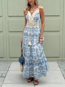 SHEIN Frenchy Vestido largo de mujer con tirantes de espagueti, bordado y encaje en color azul, vestido de mujer para vacaciones de verano y uso diario, vestido de mujer elegante para vacaciones en la playa, vestido largo estampado en azul y blanco, vestido largo estampado en azul celadón, vestido bohemio de mujer para el verano
