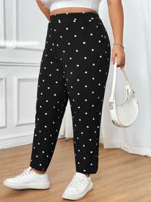 SHEIN CURVE+ 大码女式波尔卡圆点印花休闲裤，带口袋和侧开衩，度假新年女式冬季情人节商务休闲女式飘逸裤，女式夏季，波尔卡圆点 - 黑與白 - 查看 7