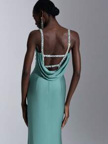 Elitara Elegant&Luxurious Beaded And Sequin Embellished Elastic Knit Ruched Backless Plunging Neckline Split Fishtail Gown For Wedding Guest,Parties,Evening - Green - View 6