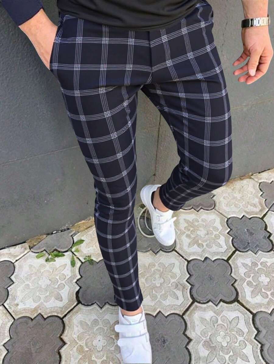 Manfinity Homme Men's Casual Plaid Pattern Front Button Pocket Suit Pants - Blue - View 1