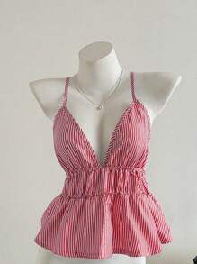 Elamini Camiseta de tirantes con volantes en el bajo a rayas para mujer - Rojo - Ver 4