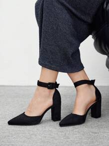 CUCCOO BIZCHIC Women's Fashion Black Suede Material Ankle Strap Buckle Pointed Toe Comfortable Chunky Heel Pumps, Suitable For Commuting, Dating, Gatherings, Festivals, And Party Occasions For Christmas - Black - View 4