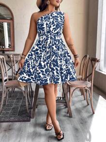 SHEIN Clasi Plus Size Women Plant Print Sleeveless Halter Dress, For Vacation - Blue - View 6