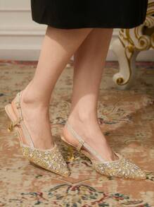 CUCCOO TILAWA Women's Pointed Toe High Heel Rhinestone Wedding Shoes, Gold Closed Toe Party Formal Heels - Gold - View 8