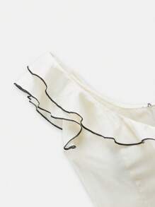 Maija 女式米色前后高领荷叶边撞色饰边设计优雅都市精致时尚春夏连衣裙，采用撞色饰边、U 领、飘逸袖子、荷叶边拼接，商务休闲街头必备，巡航装 - 白色 - 查看 8